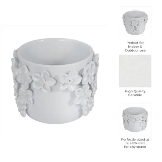 Planter Stoneware Ceramic Floral Design with Raised 3D Sculpted Flowers and Glossy Handcrafted Texture Detailing image {8}