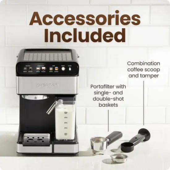Chefman Barista Pro Espresso Maker Stainless Steel Finish: 1350W Electric Coffee Machine, Dishwasher-Safe Parts, 1.8L Capacity image {5}