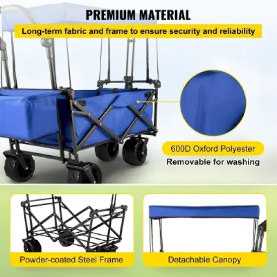 YONWAY Large Collapsible Garden Cart with Removable Canopy, 300LB Capacity Folding Wagon with 360&deg; Wheels & Storage,for Camping Shopping Beach,Blue image {4}