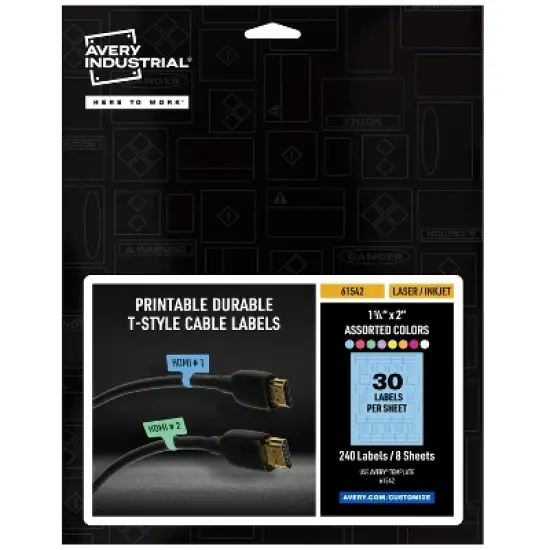 Avery Cable Labels, T-Style, 1.25" x 2",  8 Colors, 240ct (61542) image {9}