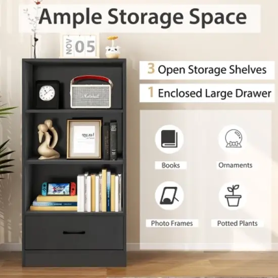 Costway 4-Tier Bookcase 48'' Display Bookshelf Storage Organizer with Shelves & Drawer Grey/White/Natural image {5}