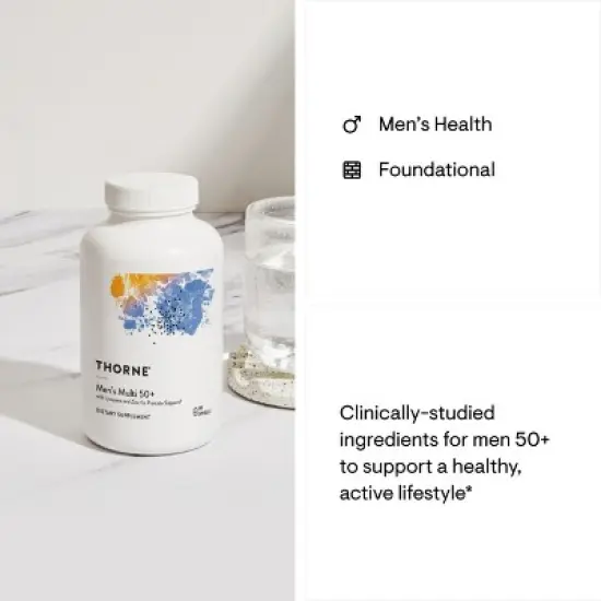 THORNE Men's Multi 50+ - Daily Multivitamin with Vitamins B6, B12, C, Zinc & More - Support Heart, Brain, Prostate, and Muscle Health* - 180 Capsules image {4}