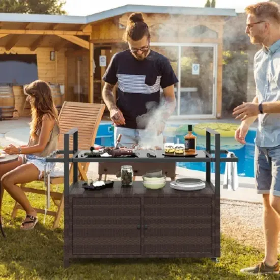 Costway Outdoor Bar Cart with Tempered Glass Top Storage Cabinet & 8 Hooks for Porch Brown/Gray image {3}