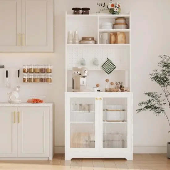 Gaomon Kitchen Pantry Cabinet,71 Inch Freestanding Cupboard with 7 Storage Blocks & DIY Pegboard & 2 Glass Doors & Adjustable Shelves image {8}