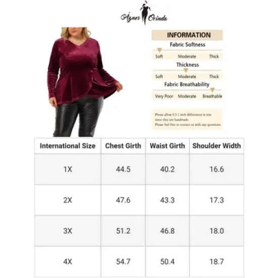 Agnes Orinda Women's Plus Size V Neck Tulip Hem Long Sleeve Peplum Velvet Tops image {5}