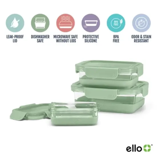 Ello 6pc Glass Refresh Mixed Food Storage Set Green: Oven & Microwave Safe, Dishwasher Safe, Lifetime Warranty image {4}