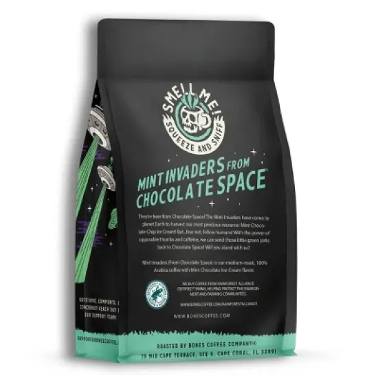 Bones Coffee Company Mint Invaders Whole Coffee Beans Mint Chocolate Flavor 12 oz Medium Roast (Whole Bean) image {1}
