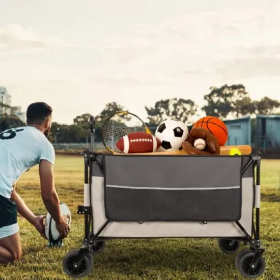 NAYSAYE Wagon Extra Large Folding Cart with All Terrain Wheels and Side Pockets for Outdoor Adventures, Gray and Khaki, 41.34"*25.2"*44.17" image {1}