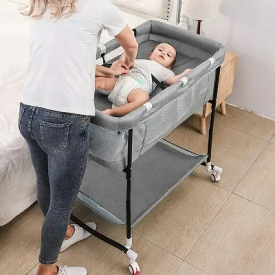 GOTGELIF 4-in-1 Baby Bassinet Crib with Adjustable Height, Bedside Sleeper, Changing Table & Mosquito Net image {11}