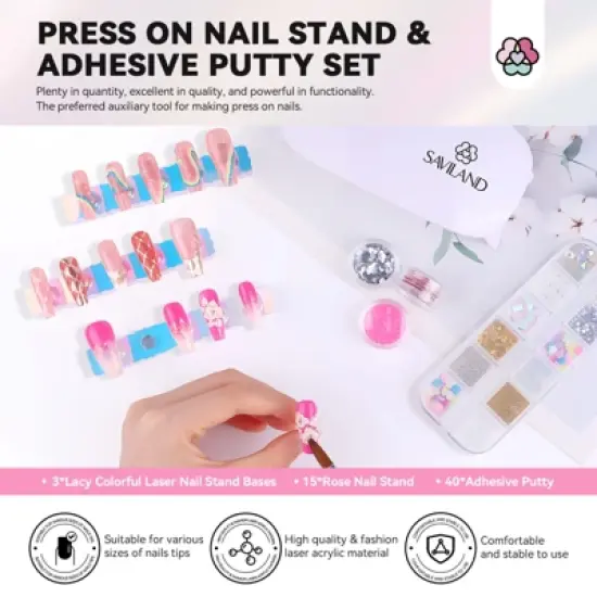 Saviland Salon-Grade Press-On System: 3-Pc Magnetic Iridescent Stands w/40 Reusable Silicone Pads - Nail Artistry Training Essentials. image {1}