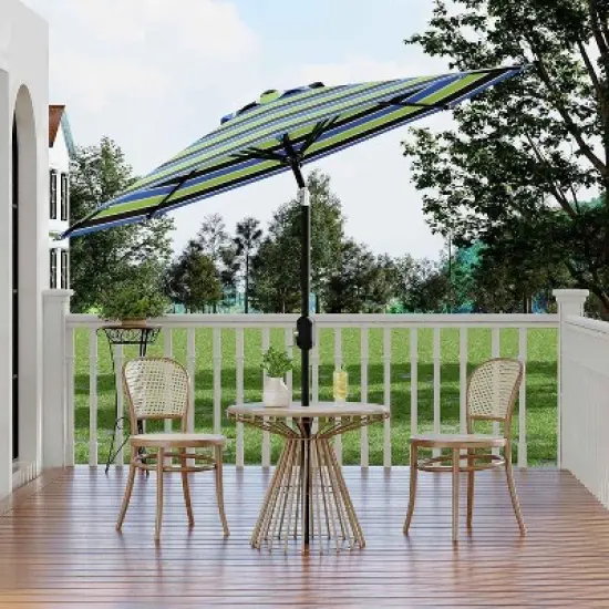 9ft Patio Umbrella, Outdoor Table, UV, Fade, Water Resistant, Crank Lift, Tilt, 8 Ribs, Metal Frame, Tricolor Stripe image {6}