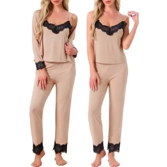 INSPIRE CHIC Women's Loungewear Lace Cami Spaghetti Strap Sleeveless Soft Pants Set with Pockets Cardigan 3 Piece Pajama Set image {5}