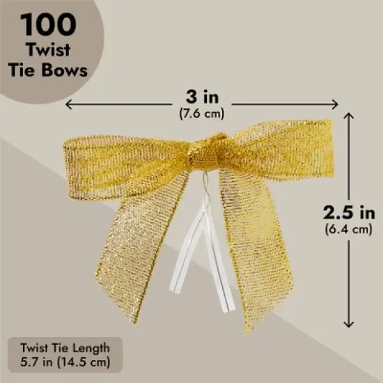 Bright Creations 100-Pack Twist Tie Bows, Metallic Gold Pre-Tied Satin Ribbon for Gift Wrap Bags Boxes, Party Favors, Baked Goods, Crafts, 2.5x3 in image {5}
