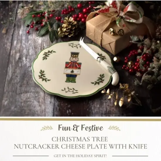 Spode Christmas Tree Nutcracker Cheese Platter with Knife - 9" Porcelain Holiday Serving Tray for Charcuterie - Dishwasher & Microwave Safe image {1}