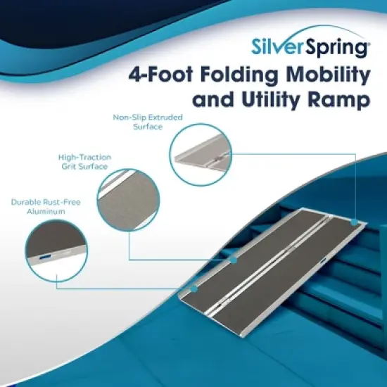 Silver Spring Mobility and Utility Ramp, 4 Foot Long Single Folding Textured Grit Traction Surface, 600 lb Capacity with 2 Inch Side Rails, Silver image {1}