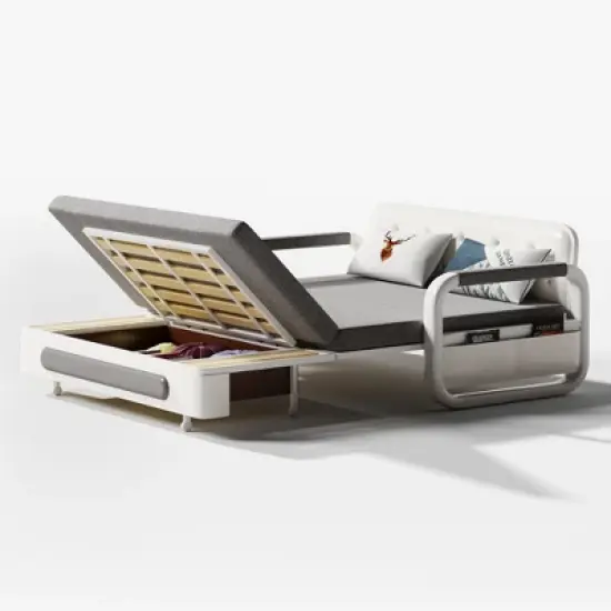 Luck Live Modern Patio Sofas 62.2in extendable pull Outdoor Sofa bed,Solid wood & White metal frame/Gray cushion with storage function image {1}