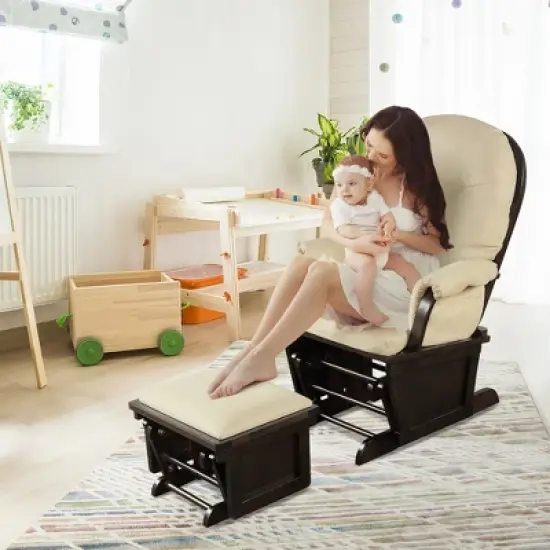 Costway Baby Nursery Relax  Rocker Rocking Chair Glider &Ottoman Set w/Cushion Light Grey\ Beige\Dark Grey image {3}