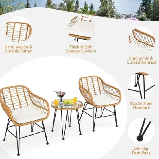 Costway 3PCS Patio Rattan Bistro Furniture Set Cushioned Chair Table image {7}