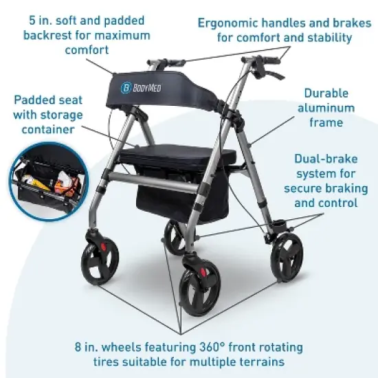 BodyMed Rollator with 8 in. Wheels - Adjustable Padded Seat, Dual Brake System, Compact Folding Design, Suitable for Most Terrains - Mobility Aid for image {3}