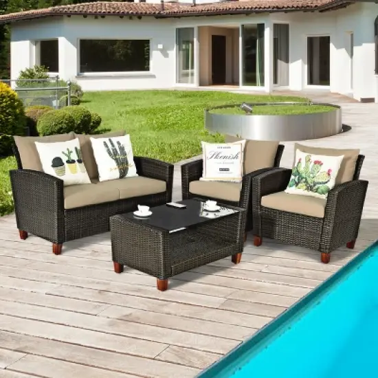 Tangkula 4PCS Cushioned Rattan Conversation Set w/ Coffee Table Patio Outdoor image {3}