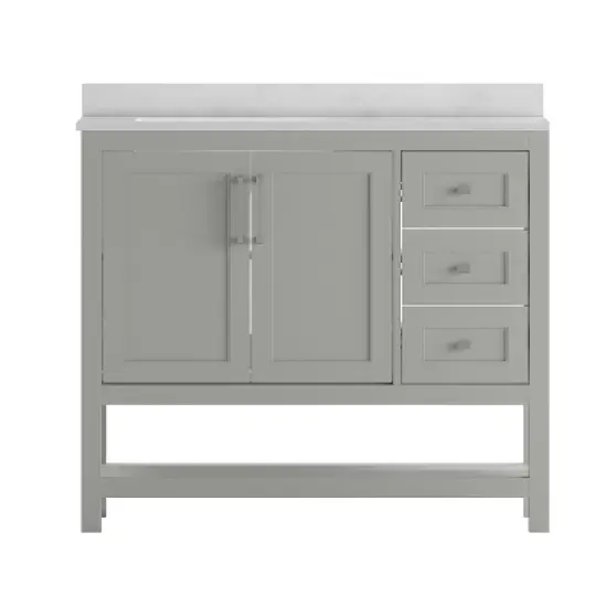 Merrick Lane Bathroom Vanity with Ceramic Sink, Carrara Marble Finish Countertop, Storage Cabinet with Soft Close Doors, Open Shelf and 3 Drawers image {2}