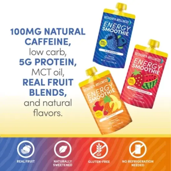 Designer Wellness Energy Smoothie, Real Fruit, 100mg Natural Caffeine, 5g Protein, Low Carb, Zero Added Sugar, Gluten-Free, Variety Pack, 12 Count image {2}