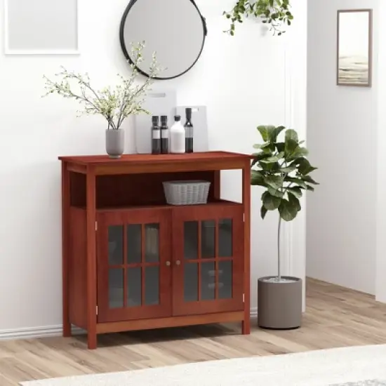 HOMCOM Kitchen Sideboard, Storage Buffet Cabinet with Open Shelf, Glass Door Cabinet and Adjustable Shelf for Living Room, Cherry image {2}