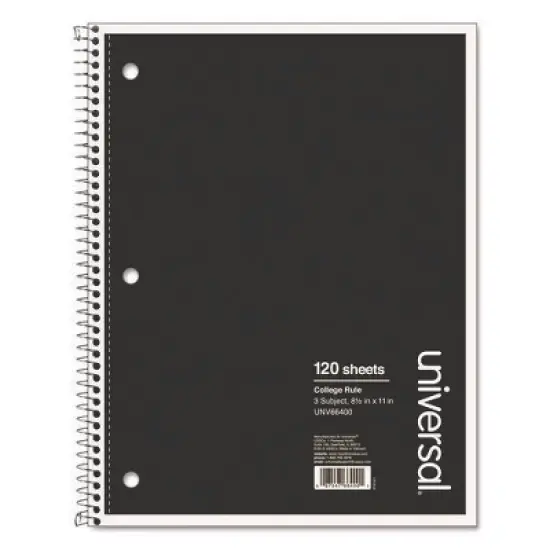 Universal Wirebound Notebook, 3-Subject, Medium/College Rule, Black Cover, (120) 11 x 8.5 Sheets image {1}