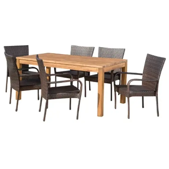 Lambert 7pc Acacia & Wicker Dining Set - Teak/Brown - Christopher Knight Home image {1}