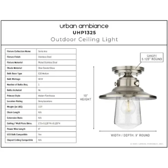 Urban Ambiance Luxury Coastal Outdoor Ceiling Light 10''H x 9''W,  Stainless Steel Finish,  Santa-Ana Collection, UHP1325 image {2}