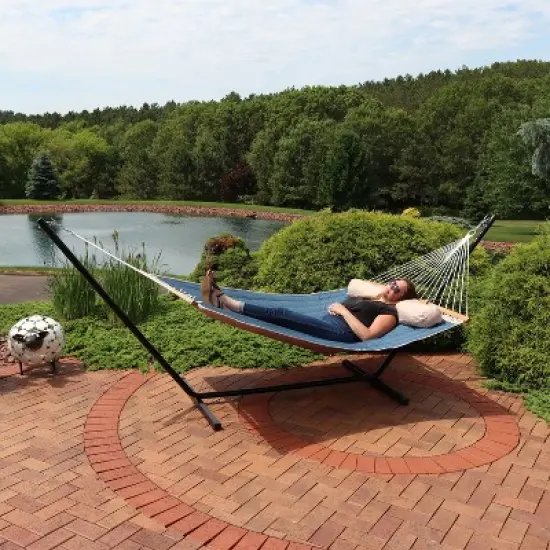 Sunnydaze 2-Person Outdoor Quilted Fabric Hammock with Spreader Bars with Freestanding Stand and Detachable Pillow - 350 lb Capacity - Tidal Wave image {6}