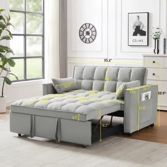 Modern Polyester Loveseat Futon Sofa Couch w/Polyesterllout Bed,Small Love Seat Lounge Sofa w/Reclining Backrest,Toss Pillows, Pockets image {10}