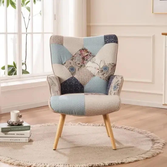 FERPIT Patchwork Upholstered Wingback Accent Chair with Rubberwood Legs image {1}