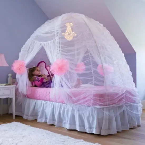 HearthSong - Kids Fairy-Tale Twin Bed Tent Canopy With Light-Up Beaded Chandelier, White image {1}