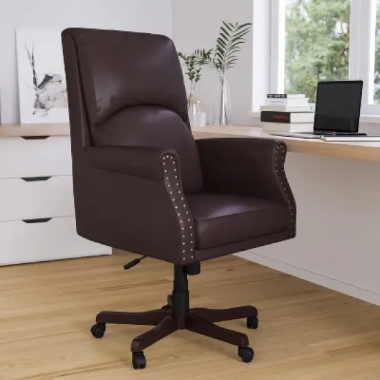 Merrick Lane Ergonomic Executive Office Chair with High Pillowed Back & Rolled Arms In Brown Faux Leather with Mahogany Finish Base image {1}