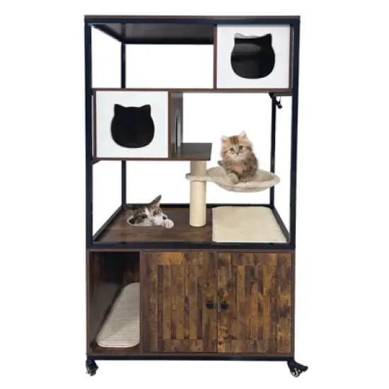 Hidden Litter Box Furniture Enclosure - Multi-Functional Cat Tree with Wheels, Hammock & Scratching Post - Wood/Metal Frame for Living Room image {8}