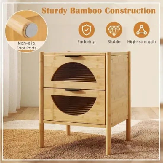 Costway 1/2 PCS Bamboo Nightstand with 2 Storage Drawers & Reeded Tempered Glass Fronts Bedroom image {6}