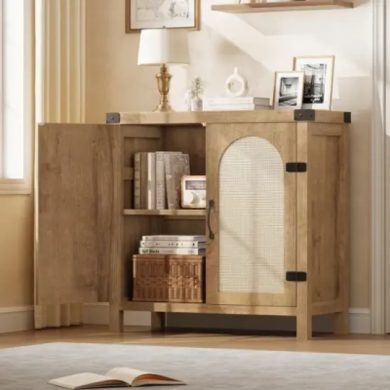 Boho Farmhouse Sideboard with Adjustable Shelves and Handle for Kitchen, Living Room, Natural image {1}