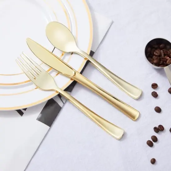 Itopfox 300PCS Gold Plastic Silverware Set, Heavy Duty Disposable Flatware Dinnerware, 100 Forks, 100 Spoons 100 Knives for Party, Wedding, Daily Use image {5}
