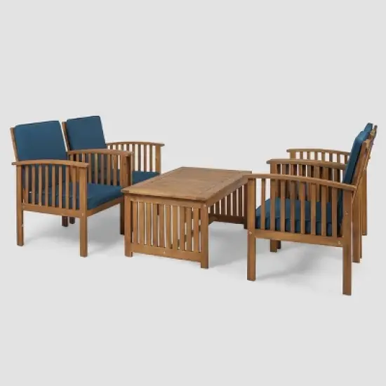 Carolina 5pc Acacia Club Chairs with Coffee Table Brown Patina Finish/Dark Teal - Christopher Knight Home: Weather-Resistant Outdoor Seating Set image {1}