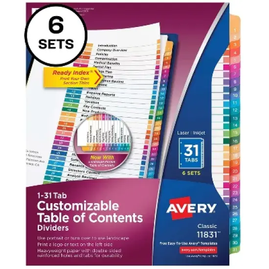 Avery Pre-Printed 31-Tab Numeric Dividers Customizable 11831 image {1}