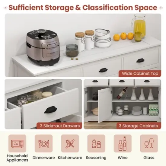 Costway 3 Drawers Sideboard Buffet Cabinet Console Table Kitchen Storage Cupboard White image {5}