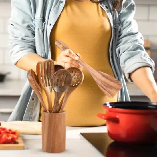 Cheer Collection 9 Piece Deluxe Wooden Utensils Set with Holder and Spoon Rest image {4}