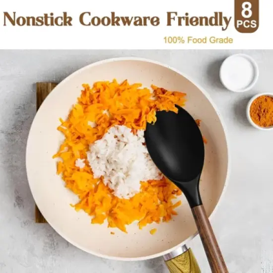 BRINJOY 8-Piece Silicone Spatula Set - Natural Acacia Wood Handle Kitchen Utensils image {2}