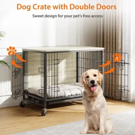 Dog Crate Furniture for Medium Dogs, 32.5" L x 21.9" W x 25.2" H Indoor Kennel with Double Doors, Wheels & Removable Tray image {4}