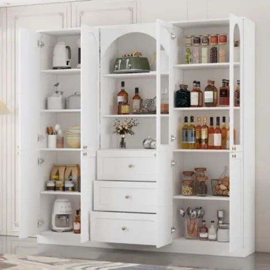 Famapy White Farmhouse Kitchen Pantry with Arch & Glass Doors,Large Capacity Kitchen Storage Hutch,Multi - Drawer Kitchen Organizer,Display Cabinet image {1}