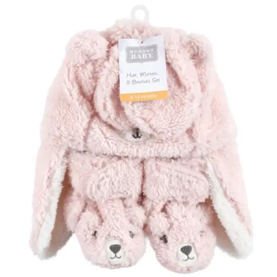 Hudson Baby Infant Girl Trapper Hat, Mitten and Bootie Set, Pink Bear image {1}
