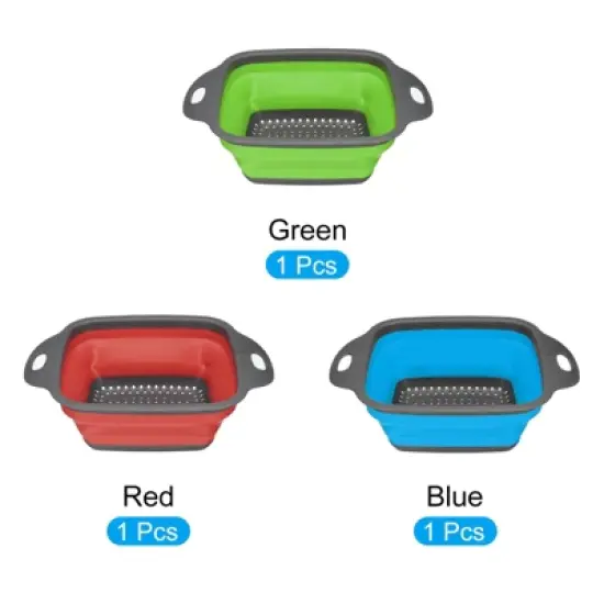 Unique Bargains Collapsible Colander Set Silicone Square Foldable Strainer Space Saving Blue Green Red 3 Pcs Small image {1}