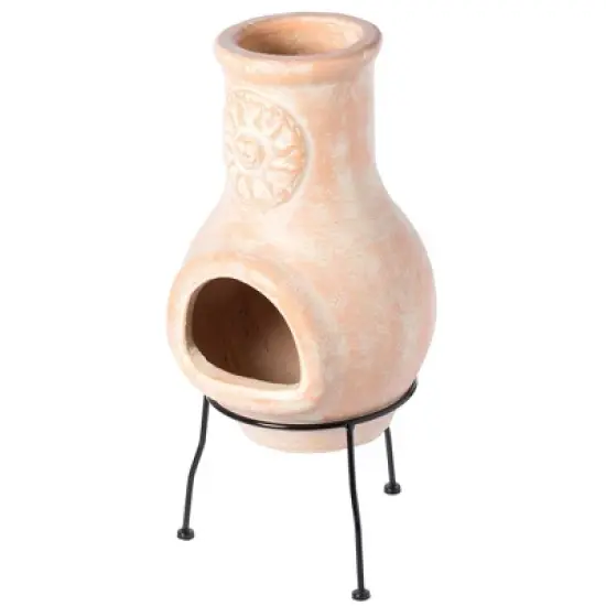 Vintiquewise Beige Outdoor Clay Chimney Outdoor Fireplace Sun Design Charcoal Burning Fire Pit with Sturdy Metal Stand, Barbecue,  Family Gathering image {3}