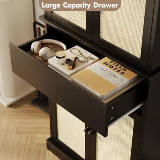 Homhougo Rustic Pantry Cabinet with Rattan Doors - 69" Tall Storage Organizer with Adjustable Shelves & Drawer Black image {4}